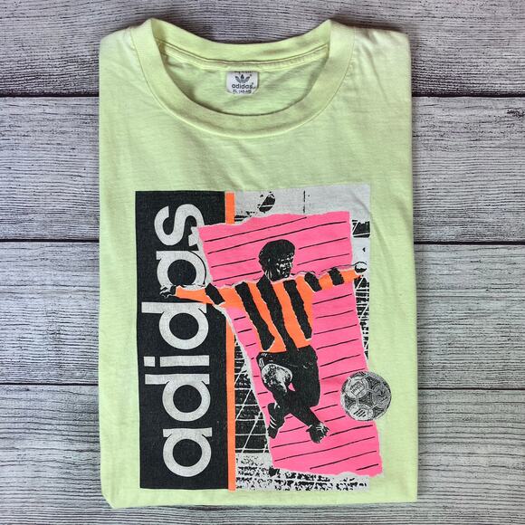 Vintage 1990s Adidas Soccer Neon Single Stitch T-shirt - Picture 1 of 8